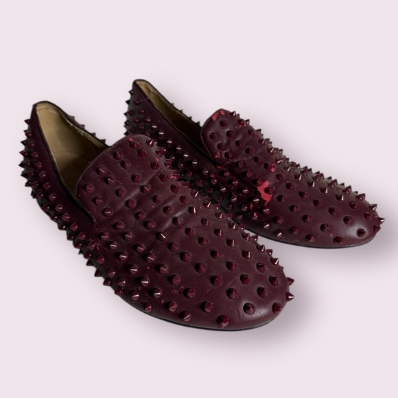 Men’s Christian Louboutin Burgundy Leather Spike Loafers 11 - Picture 1 of 10